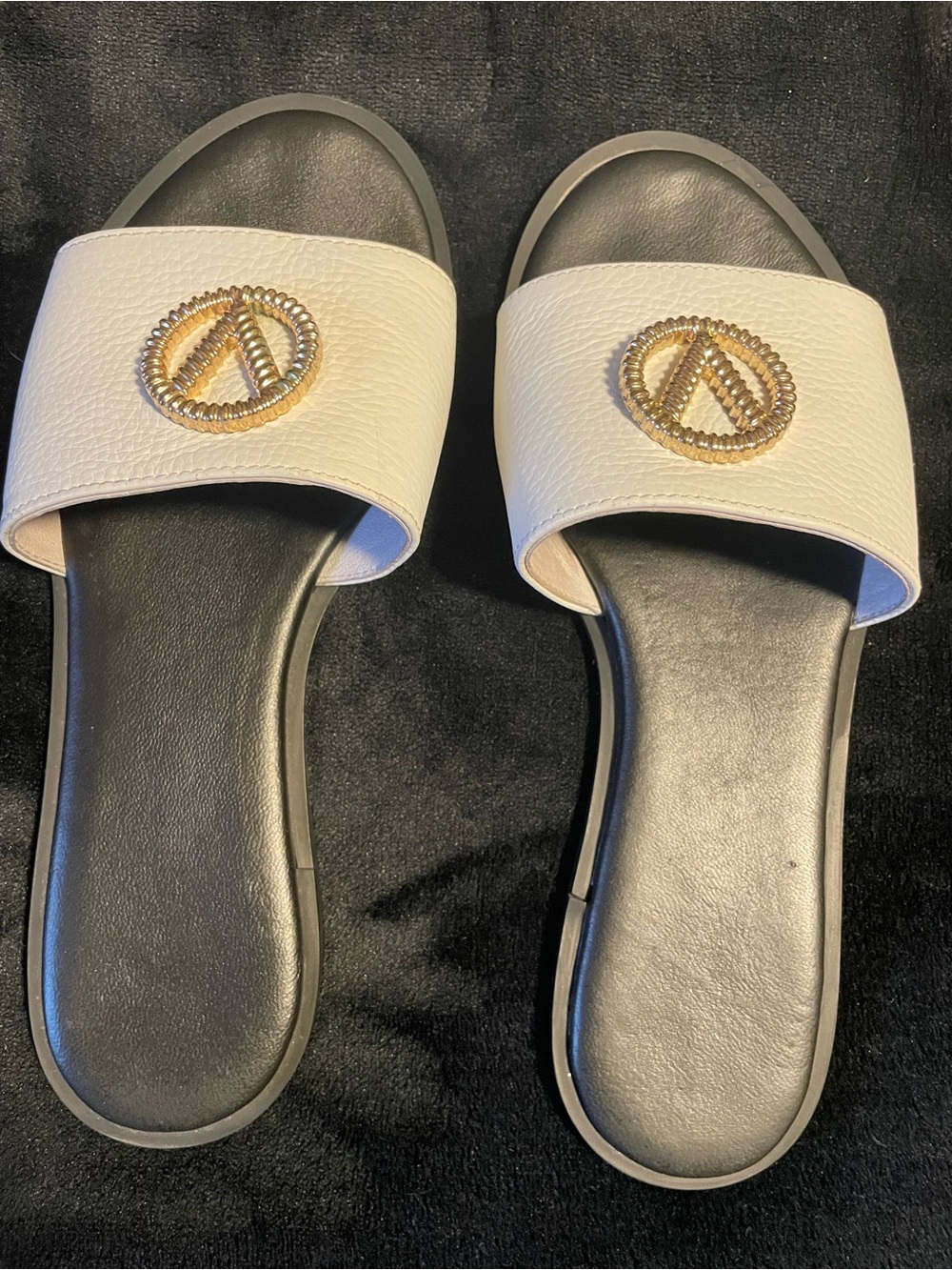 Valentino by Mario Valentino White leather Slide Sandals-Gold Embellished logo